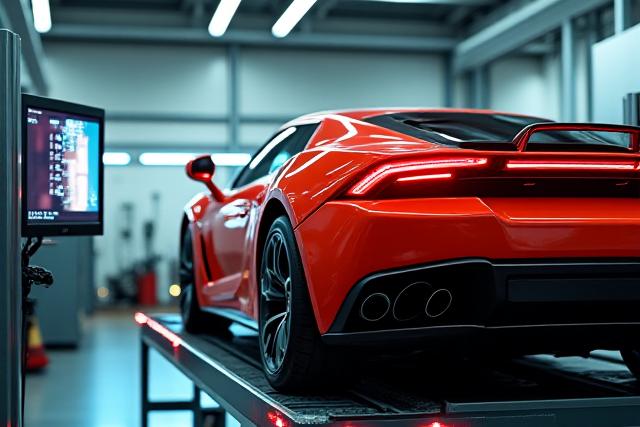 Misure accurate dell'assetto delle ruote su un'auto sportiva in officina, con strumenti laser per la massima precisione