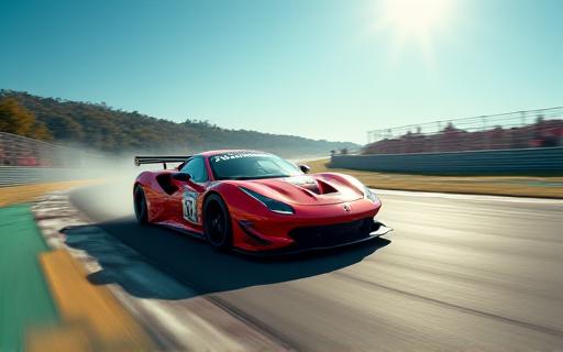 Un'auto da corsa ad alta velocità affronta una curva sul circuito di Vallelunga, con pneumatici che stridono e fumo