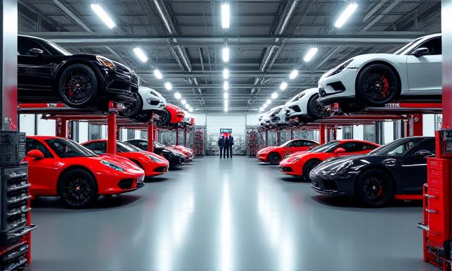 Panoramica pulita e ordinata dell'officina di Nautica Veloce con diverse auto sportive sollevate sui ponti idraulici