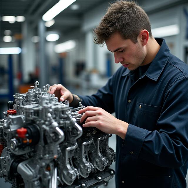 Meccanico specializzato che lavora meticolosamente su un motore V8 ad alte prestazioni