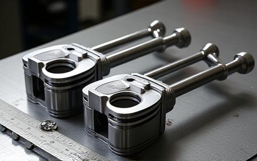 Pistoni forgiati ad alta compressione e bielle in acciaio alleggerito disposti su un banco da lavoro per l'assemblaggio di un motore performante
