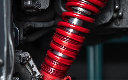 Ammortizzatore coilover rosso ad alte prestazioni con molla regolabile montato su un'auto sportiva